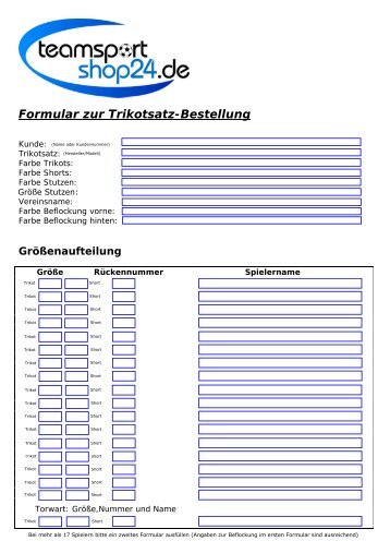 Formular zur Trikotsatz-Bestellung - teamsportshop24