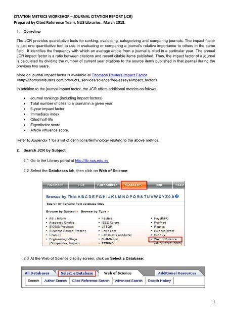 JOURNAL CITATION REPORT (JCR) - NUS Libraries