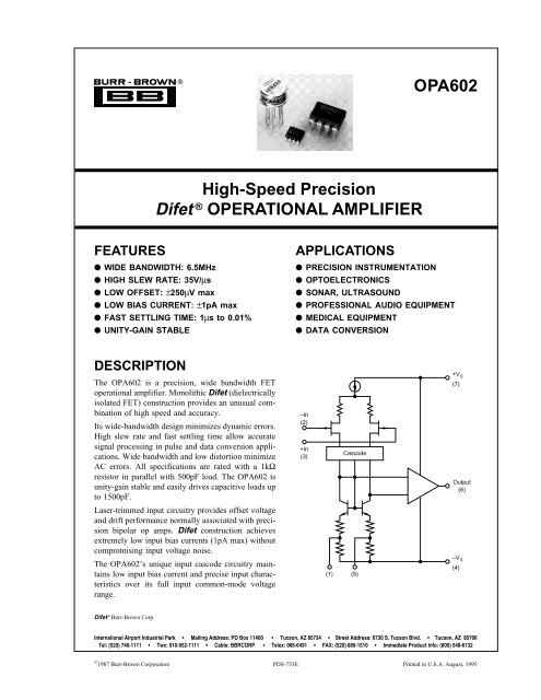 OPA602BP Burr Brown High Speed Precision Difet Op Amp OPA602 