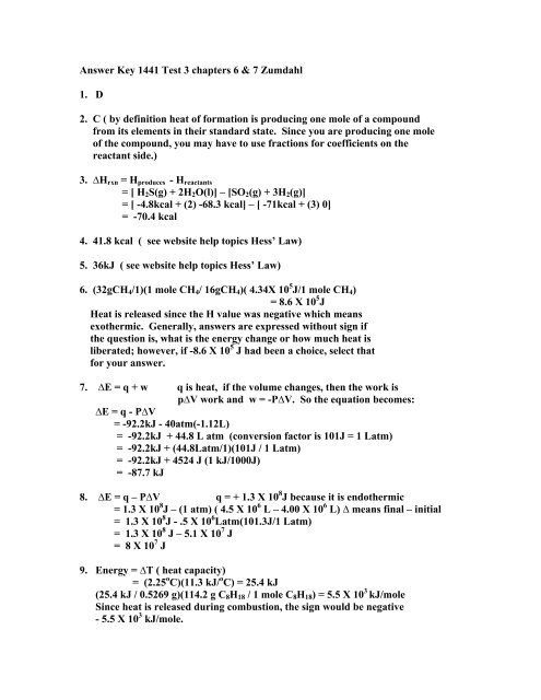 Answer Key 1441 Test 3 Chapters 6 7 Zumdahl Cribme
