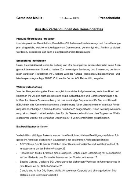 Gemeinde Mollis Pressebericht Aus den ... - Glarus24.ch