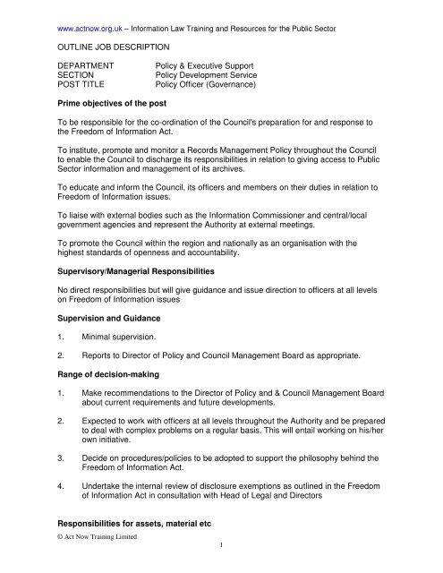 Job Description For Freedom Of Information Officer Act Now Training