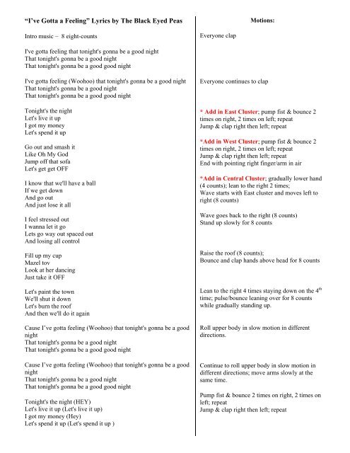 â€œI've Gotta a Feelingâ€ Lyrics by The Black Eyed Peas