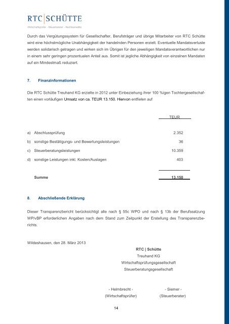 Transparenzbericht 2012 - RTC | SchÃ¼tte Treuhand KG