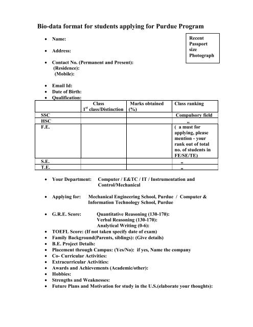 Biodata format for Purdue applicant Fall 2014 - Cummins College of ...
