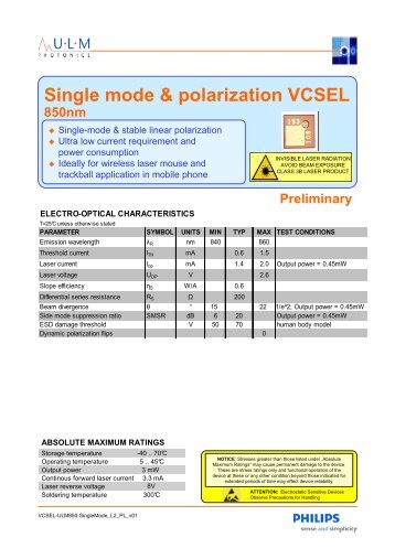 Single mode & polarization VCSEL 850nm