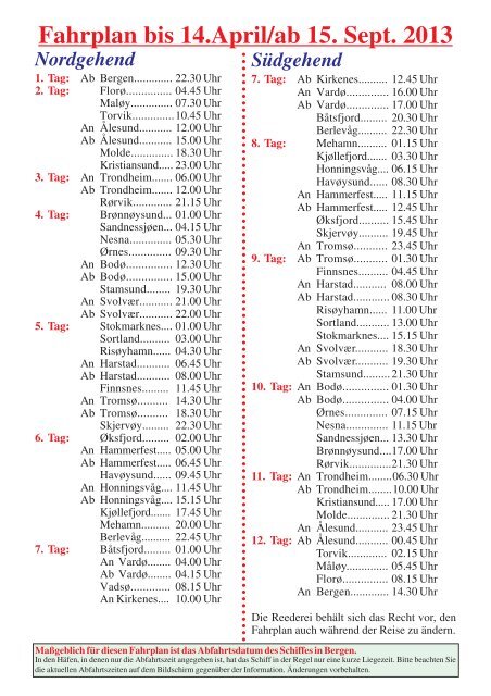 Fahrplan Hurtigruten 2013 - Blitz-Reisen HomePage