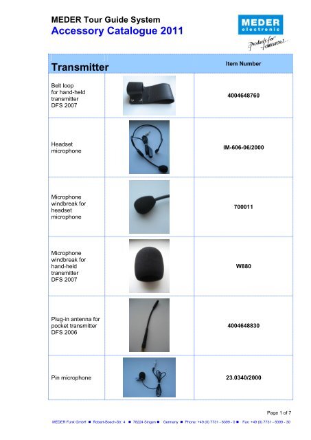 MEDER Tour Guide System Accessory Catalogue 2011