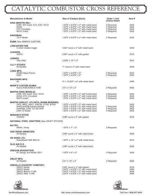 Catalytic Combustor Cross Reference Chart - NorthlineExpress.com