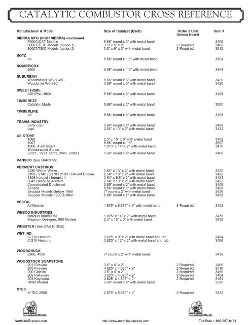 Catalytic Combustor Cross Reference Chart - NorthlineExpress.com