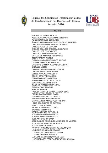 RelaÃ§Ã£o dos Candidatos Deferidos no Curso de PÃ³s-GraduaÃ§Ã£o em ...