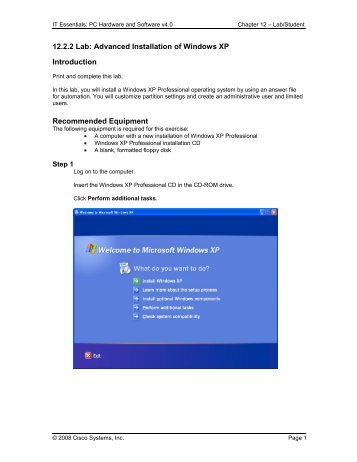 12.2.2 Lab: Advanced Installation of Windows XP Introduction ...