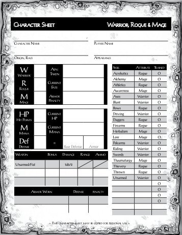 Character, Spell, Equipment and Variant sheets - Stargazer Games