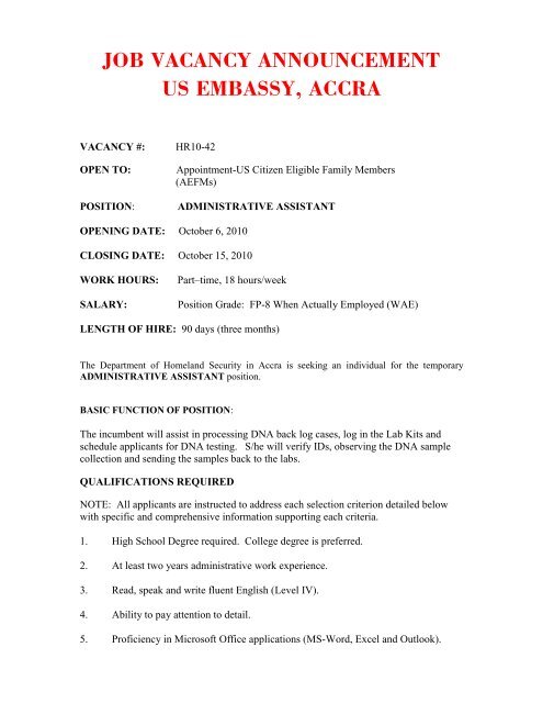 job vacancy announcement us embassy, accra - Embassy of the ...