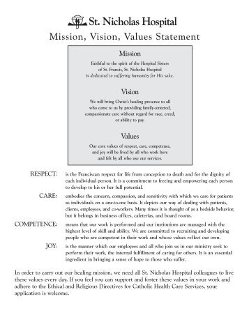 Mission, Vision, Values Statement - St. Nicholas Hospital