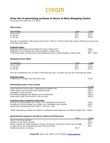 Price list of Rocca al Mare Shopping Centre advertising ... - Cream OÃ