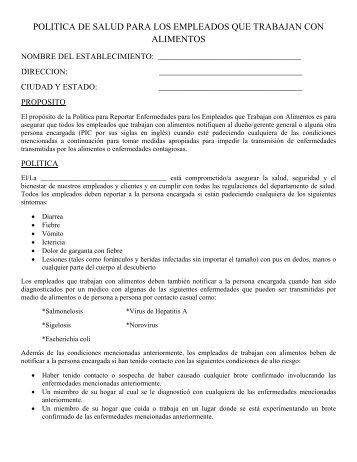 politica de salud para los empleados que trabajan con alimentos