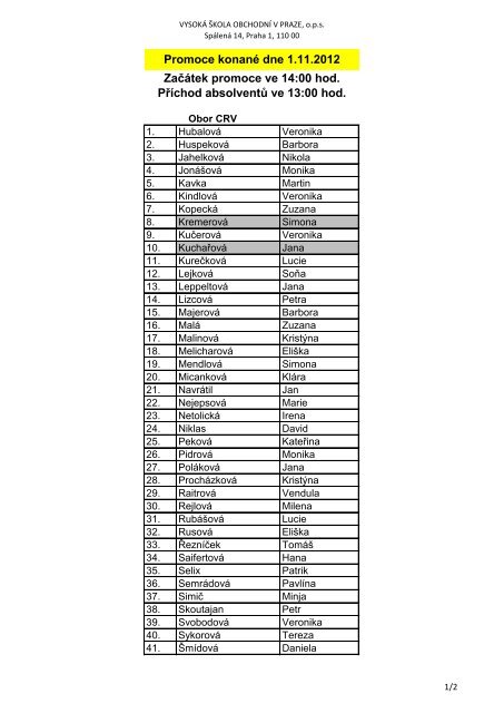 Promoce konanÃ© dne 1.11.2012 ZaÄÃ¡tek promoce ve 14:00 hod ...
