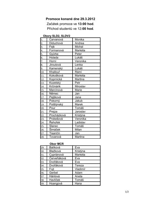 Promoce konanÃ© dne 29.3.2012 ZaÄÃ¡tek promoce ve 13:00 hod ...