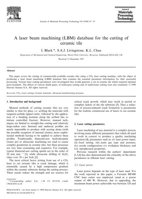 A laser beam machining (LBM) database for the ... - World Lasers, Inc.