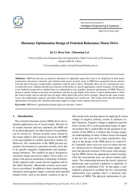 Harmony Optimization Design of Switched Reluctance Motor ... - inass