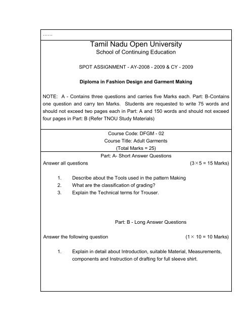 Diploma in Fashion Designing and Garment Making - Tamil Nadu ...