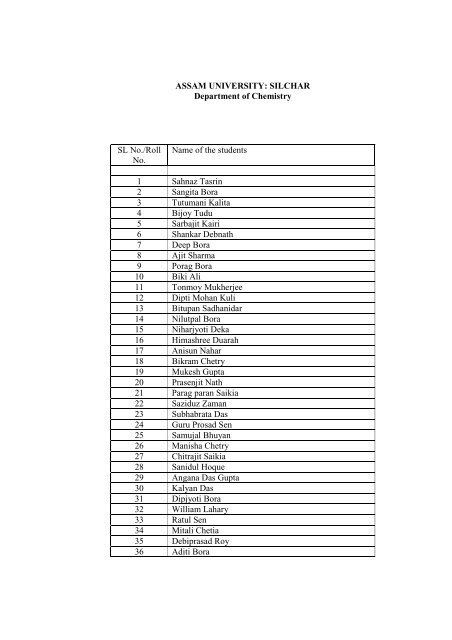 Dept. of Chemistry - Assam University