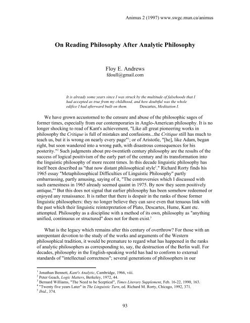 Floy E Andrews, On Reading Philosophy after Analytic Philosophy.