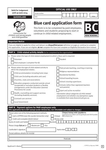 Blue card application form - Northcliffe Surf Life Saving Club