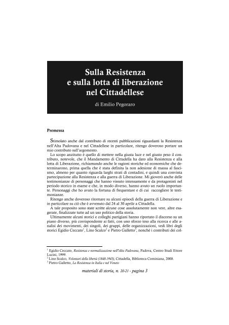 Sulla Resistenza e sulla lotta di liberazione nel Cittadellese