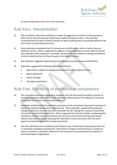 Summary of Submissions - Real Estate Agents Authority