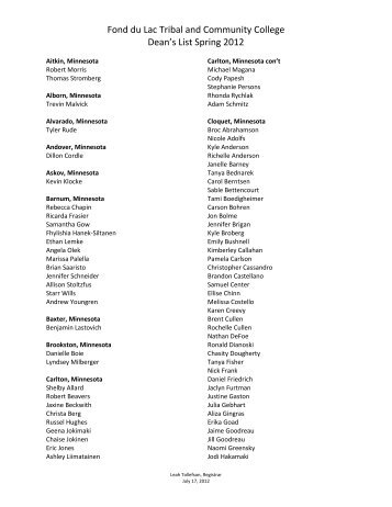 Spring Semester 2012 Dean's List - Fond Du Lac Tribal and ...