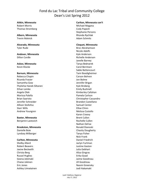 Spring Semester 2012 Dean's List - Fond Du Lac Tribal and ...
