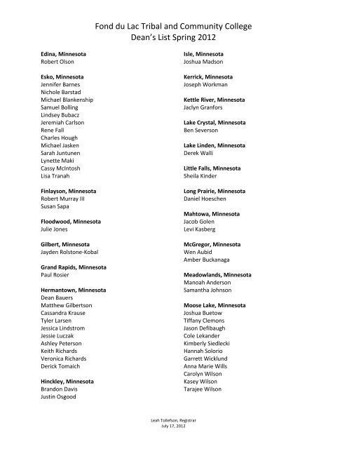 Spring Semester 2012 Dean's List - Fond Du Lac Tribal and ...