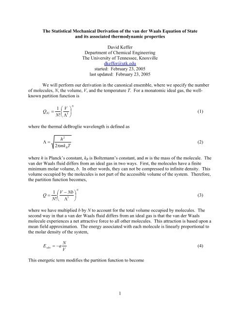 A Statistical Mechanical Derivation of the van der Waals Equation of ...