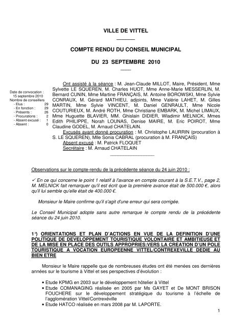 compte rendu du conseil municipal du 23 septembre 2010 - Vittel