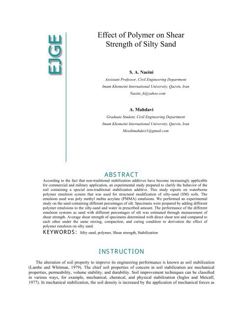 Effect of Polymer on Shear Strength of Silty Sand - Ejge.com