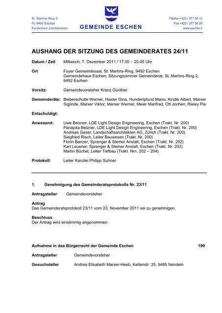 gemeinde eschen aushang der sitzung des gemeinderates 24/11