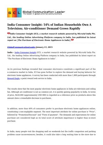 India Consumer Insight: 54% of Indian Households Own A Television; Air-conditioner Demand Grows Rapidly