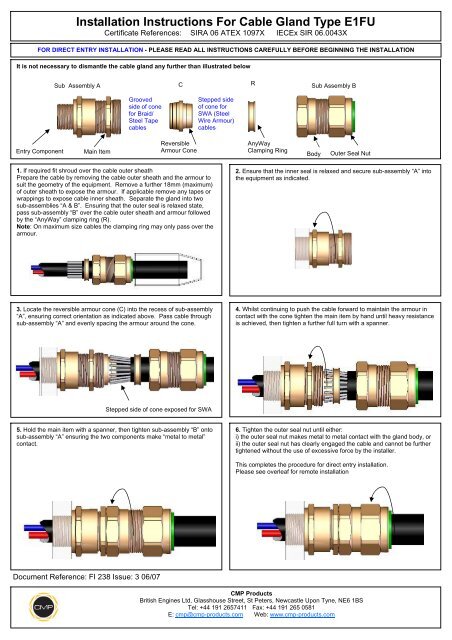 Installation Instructions For Cable Gland Type E1fu Cmp Products