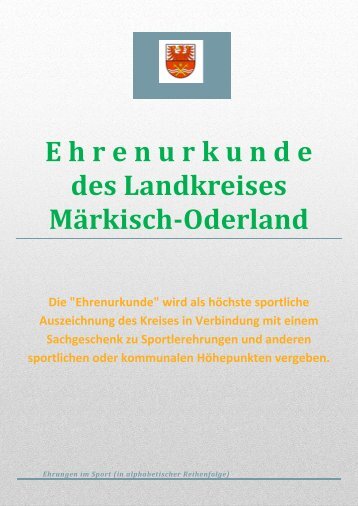 Ehrenurkunde des Landrats - Kreissportbund MÃ¤rkisch Oderland