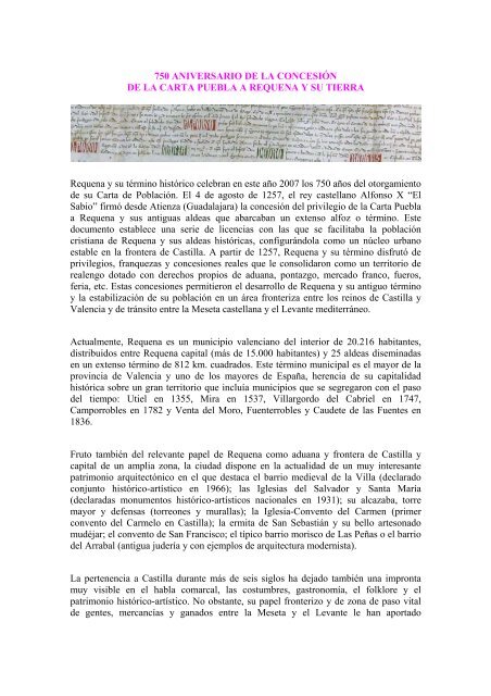 750 Aniversario de la Carta Puebla de Requena y - Bibliotecas ...