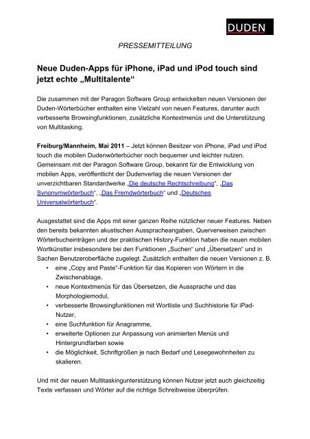 Neue Duden-Apps für iPhone, iPad und iPod touch ... - PresseBox