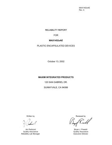 RELIABILITY REPORT FOR MAX1452xAE PLASTIC - Maxim