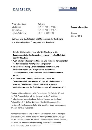 [PDF] Pressemitteilung: Daimler und GAZ starten mit ... - ptext.net