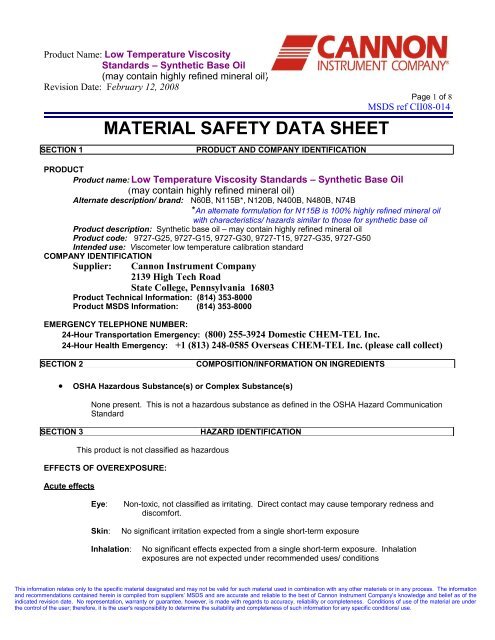 MATERIAL SAFETY DATA SHEET - Cannon Instrument Company