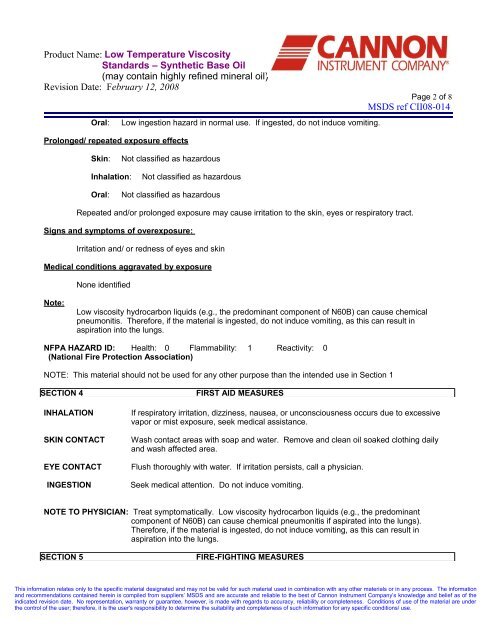 MATERIAL SAFETY DATA SHEET - Cannon Instrument Company