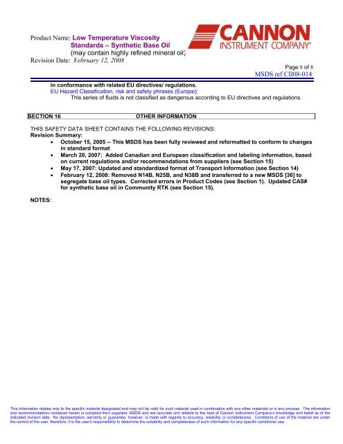 MATERIAL SAFETY DATA SHEET - Cannon Instrument Company