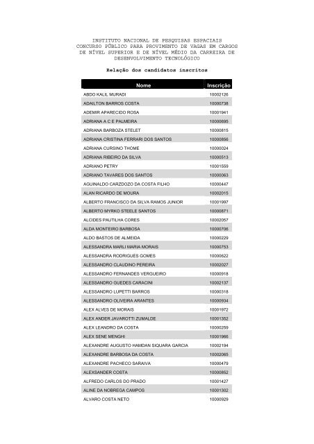 RelaÃ§Ã£o dos inscritos - Inpe