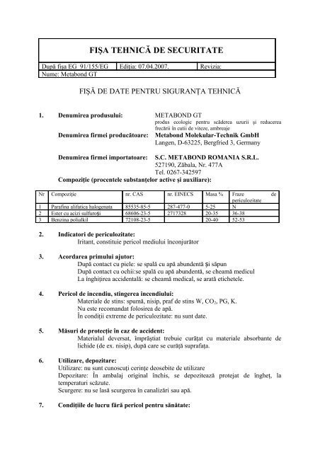 FIÅÄ DE DATE PENTRU SIGURANÅ¢A TEHNICÄ - Power-tuning.ro